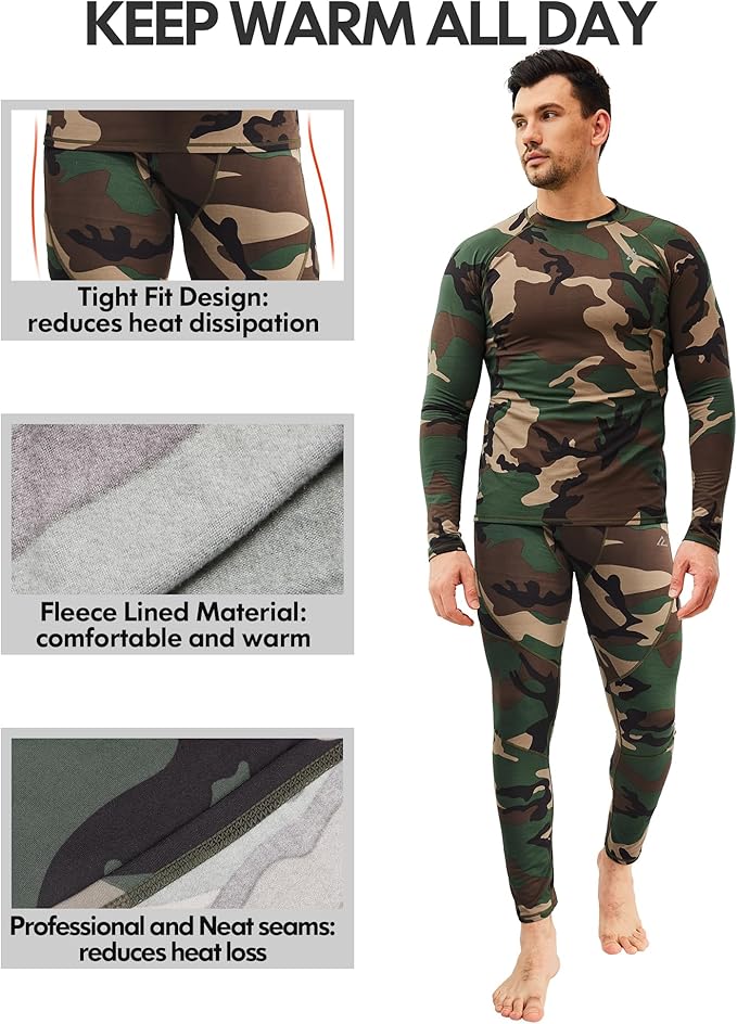 CL convallaria 2 Pack Mens Thermal Underwear Fleece Lined Long Johns Winter Base Layer Cold Weather Hunting Gear