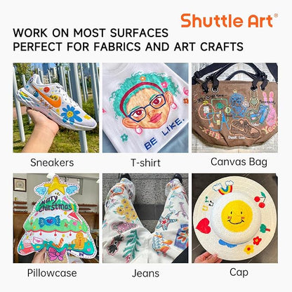 Shuttle Art 28 Colors Fabric Markers, Shirt Permanent Markers for Clothes Sneakers Jeans with 11 Stencils 1 Fabric Sheet, Fabric Pens for Kids Adult Painting Writing