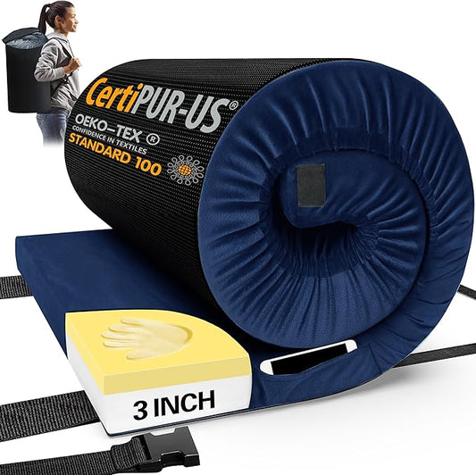 CYMULA Memory Foam Camping Mattress Pad, CertiPUR-US Sleeping Mat, Portable Roll Up Mattress for Adults, Camping Bed Pads for Sleepover, Car Bed with Travel Bag