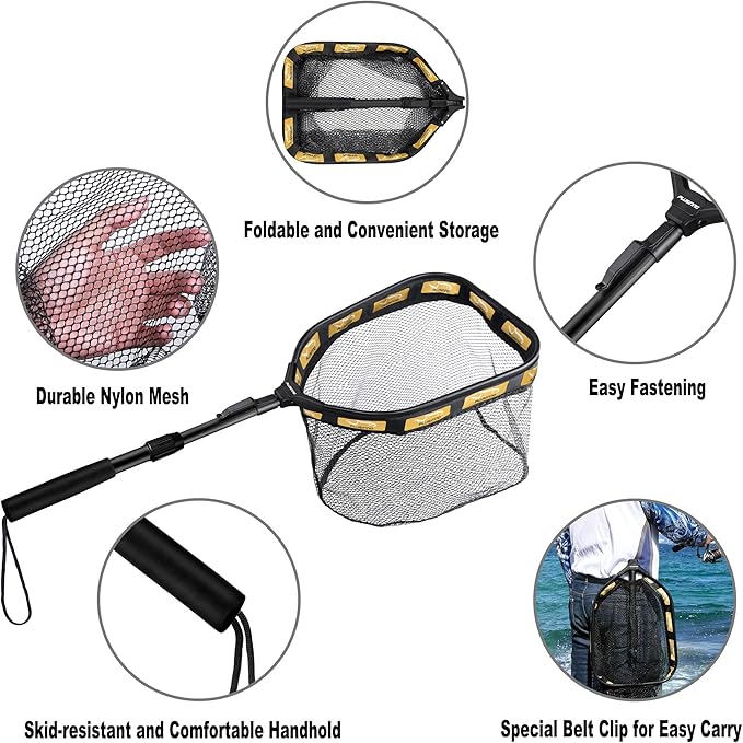 PLUSINNO Floating Fishing Net for Steelhead, Salmon, Fly, Kayak, Catfish, Bass, Trout Fishing, Rubber Coated Landing Net for Easy Catch & Release, Compact & Foldable for Easy Transportation & Storage