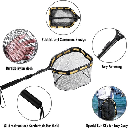 PLUSINNO Floating Fishing Net for Steelhead, Salmon, Fly, Kayak, Catfish, Bass, Trout Fishing, Rubber Coated Landing Net for Easy Catch & Release, Compact & Foldable for Easy Transportation & Storage
