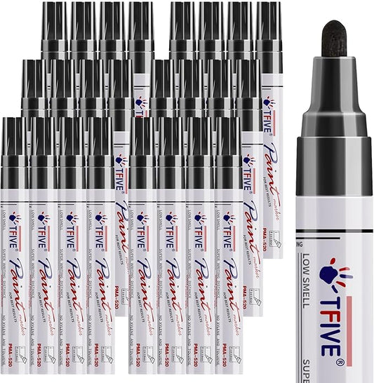 TFIVE Black Paint Pens Permanent Markers - 24 Pcs Oil Based Paint Markers Set, Quick Dry, Waterproof, Fade Resistant, Medium Tip Marker Pens for Metal, Rock, Wood, Plastic, Canvas, Glass, Rubber