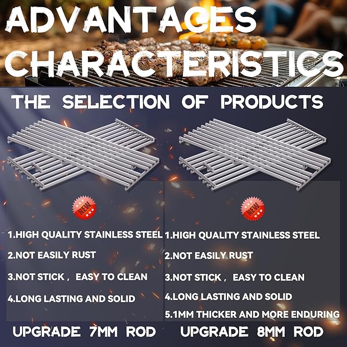 1 Pack 7mm Process Upgrade 7.5 x 19.25In Stainless Steel BBQ Grill Grate Replacement Part for Bull 16517 BBQ Angus,Lonstar Select 87048,87049,Brahma,Outlaw Steer Premium 69008,69009, 7 Burner Premium