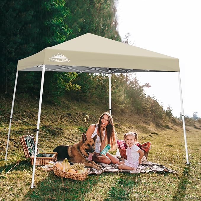 EAGLE PEAK 10x10 Slant Leg Pop-up Canopy Tent Easy One Person Setup Instant Outdoor Beach Canopy Folding Portable Sports Shelter 10x10 Base 8x8 Top (Light Beige)
