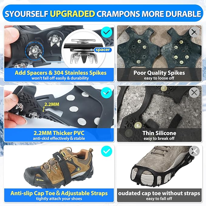 SYOURSELF Ice Cleats, Crampons Ice Cleats for Shoes and Boots Women Men Kids, Non Slip Grippers Spikes for Shoes with Straps, Ice Traction Cleats for Snow and Ice, Hiking, Walking, Fishing, Climbing