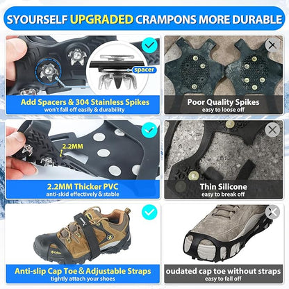 SYOURSELF Ice Cleats, Crampons Ice Cleats for Shoes and Boots Women Men Kids, Non Slip Grippers Spikes for Shoes with Straps, Ice Traction Cleats for Snow and Ice, Hiking, Walking, Fishing, Climbing