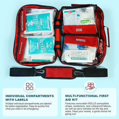 Professional 435 Pieces Large First Aid Kit - Includes Compressed Gauze - Compartments Emergency Medical Kit for Home, Camping, Backpacking, Travel, Boat, Car,Outdoors (Red)
