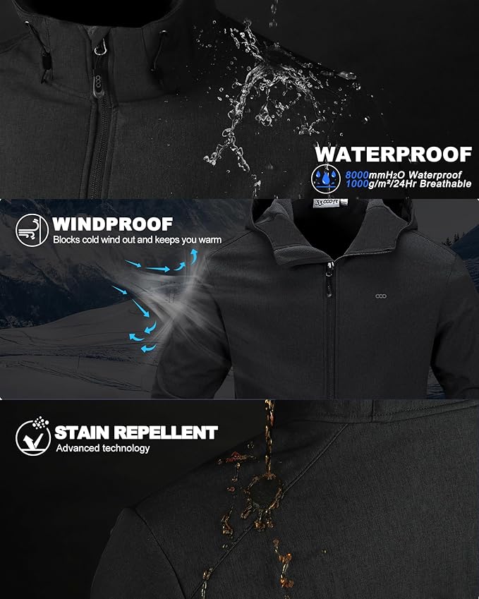 33,000ft Men's Hooded Softshell Jacket Waterproof Lightweight Insulated Windbreaker Fleece Lined Rain Shell Jacket