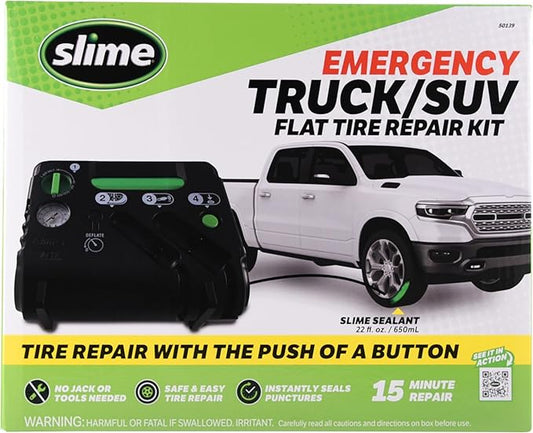 Slime 50139 Flat Tire Puncture Emergency Kit, Includes Sealant and Tire Inflator Pump, Analog, Suitable for Cars and Other Highway Vehicles, 10 Min Fix