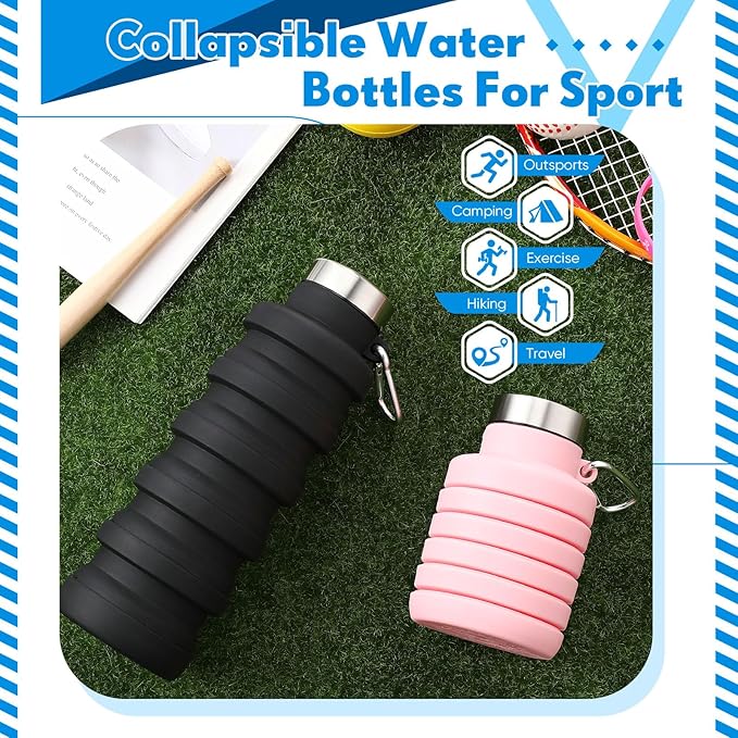 Baderke 2 Pcs Collapsible Water Bottles 17oz Silicone Travel Foldable Portable Water Bottle with Buckle Silicone Lightweight Reusable Leakproof for Camping Hiking Cycling Sport(Pink, Black)