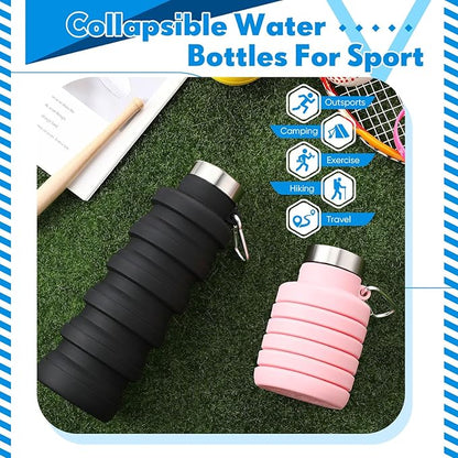 Baderke 2 Pcs Collapsible Water Bottles 17oz Silicone Travel Foldable Portable Water Bottle with Buckle Silicone Lightweight Reusable Leakproof for Camping Hiking Cycling Sport(Pink, Black)