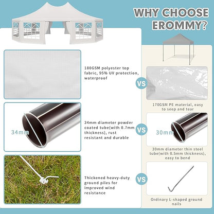 EROMMY 29x23ft Party Tent, White Wedding Tent, Dodecagonal Heavy Duty Canopy with Removable Sidewalls, 10 Church Windows and 2 Pull-Back Doors, Outdoor Gazebo Pavilion Shelter Tent for Party, Event