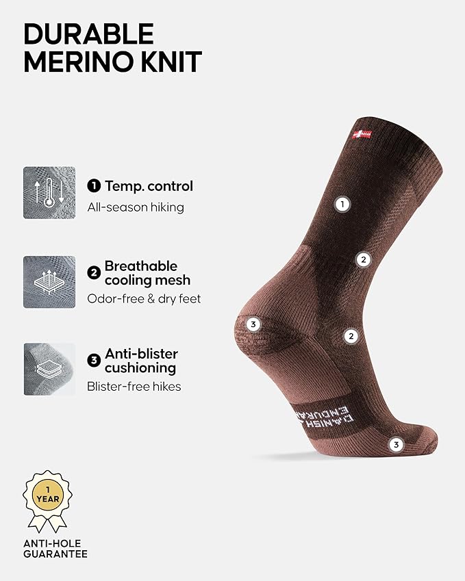 DANISH ENDURANCE Merino Wool Hiking Crew Socks for Men & Women, Cushioned Anti-Blister, Breathable - 3 Pairs