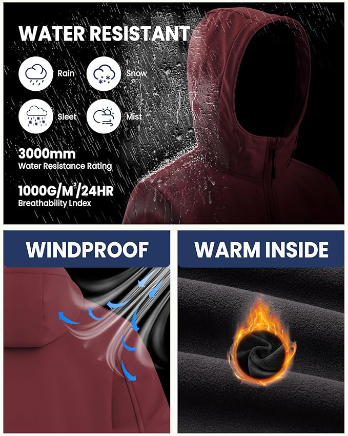 WULFUL Men's Lightweight Softshell Jacket Warm Fleece Lined Windbreaker Waterproof Soft Shell for Outdoor Hiking