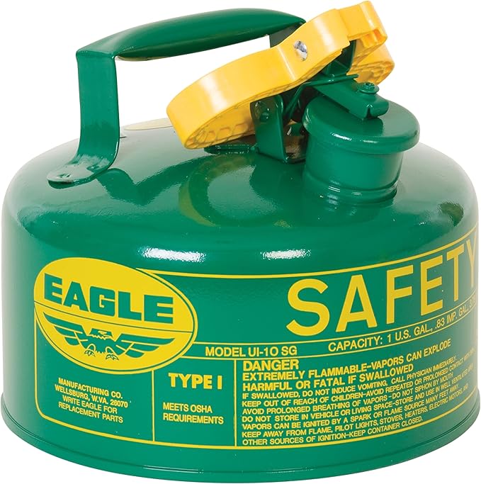 Eagle 1 Gallon Type I Green Safety Gas Can for Oil and Other Combustibles with Flame Arrester and Self-Closing Lid, Made in the USA, Galvanized Steel Flammable Storage Can, UI10SG