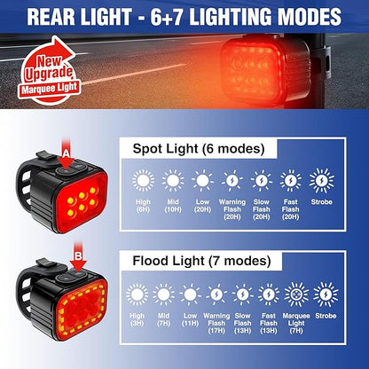 WORKPRO Bike Lights Set [8+13 Modes], Rechargeable Bicycle Light Set Ultra Bright, IP65 Waterproof Bike Lights for Night Riding, 1200mAh Bike Headlight and Tail Light Reflectors