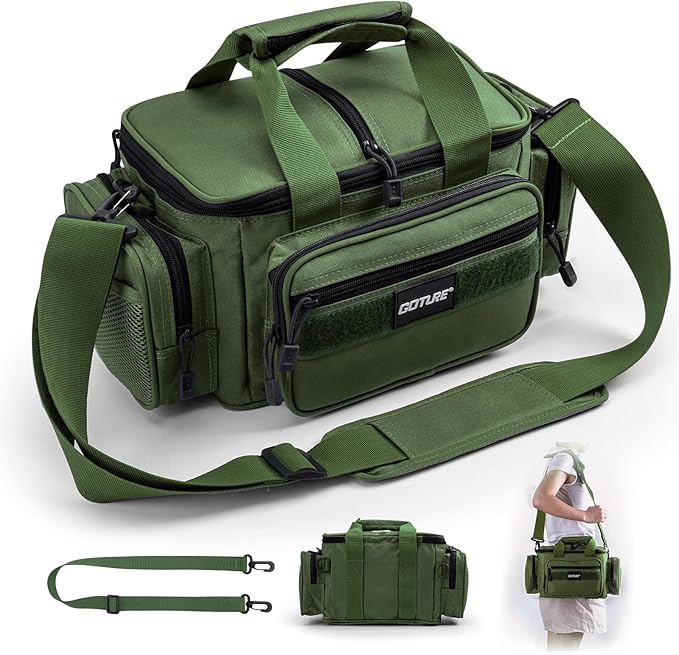 Goture Fishing Tackle Bag, Soft Side 600D Water-Resistant Cross Body Sling Fishing Bag, Small Saltwater Gear Storage Tactical Bags Store Up to 3 3600 Tackle Boxes(Not Included),14.96"x9.06"x7.48"