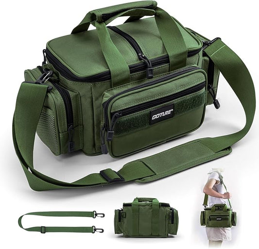 Goture Fishing Tackle Bag, Soft Side 600D Water-Resistant Cross Body Sling Fishing Bag, Small Saltwater Gear Storage Tactical Bags Store Up to 3 3600 Tackle Boxes(Not Included),14.96"x9.06"x7.48"