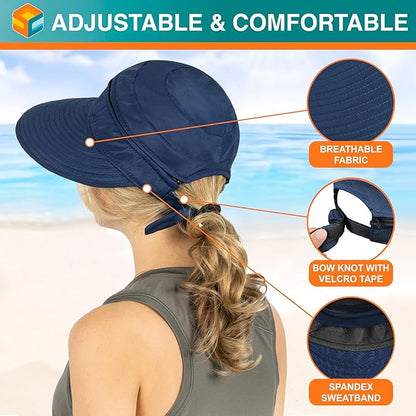 SUN CUBE Women Sun Hat for Outdoor UV Protection, Wide Brim Sun Hat Ponytail, Convertible Zip-Off Beach Hat Visor