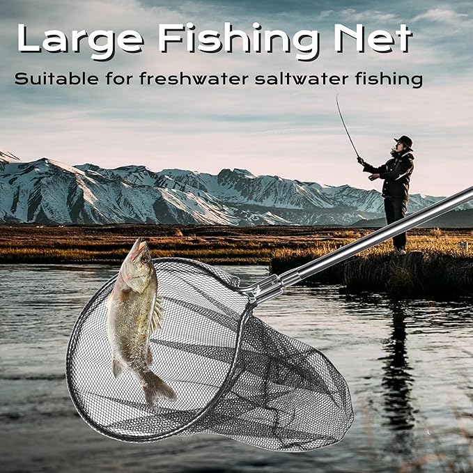 Heavy Duty Extra Large Aluminum Landing Net - Telescoping Handle (67-100in), 20in Net Opening for Saltwater Fishing