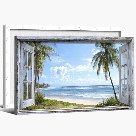ANRUOXI Beach Wall Art, Blue Ocean Canvas Prints Wall Decor, Window Frame Style Sea Canvas Wall Decor, Ocean Seaside Painting, Nature Coastal Landscape Framed Artwork for Living Room Office 32x48 Inch