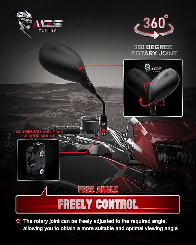 MZS ATV Mirrors, 8MM 10MM Motorcycle Side Rearview Mirrors with CNC Handlebar Mount Black fits Motorbike Street Adventure Electric Dirt Bike Ebike Snowmobile Scooter Moped Quad