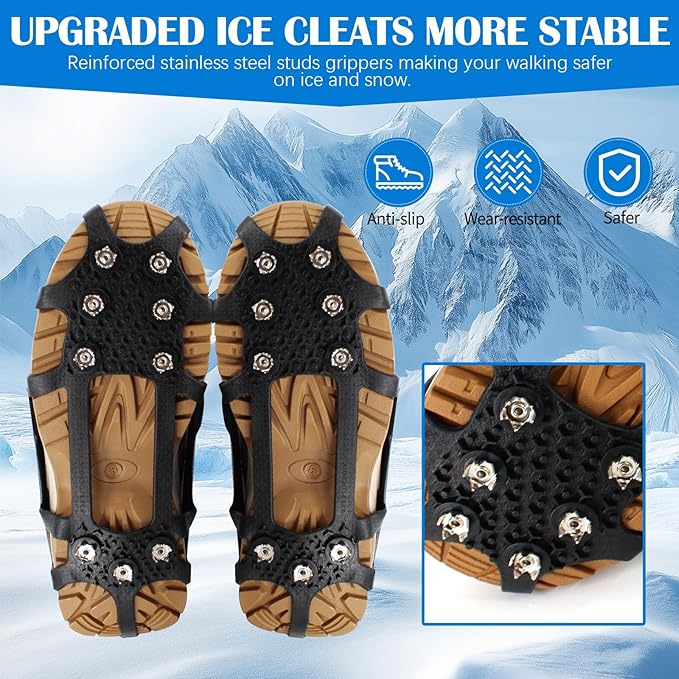 Ice Cleats for Shoes and Boots, Anti Slip Crampons with 9 Steel Gripper Spike, Portable Ice Snow Traction Cleats Grippers for Snow Ice