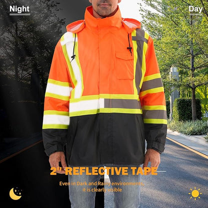 Reflective Rain jackets for men waterproof,Hi Vis Safety Coat With Reflective Strips，High Visibility Class 3 Rain jackets With 2 large pockets，Zipper,Orange,SM/MD