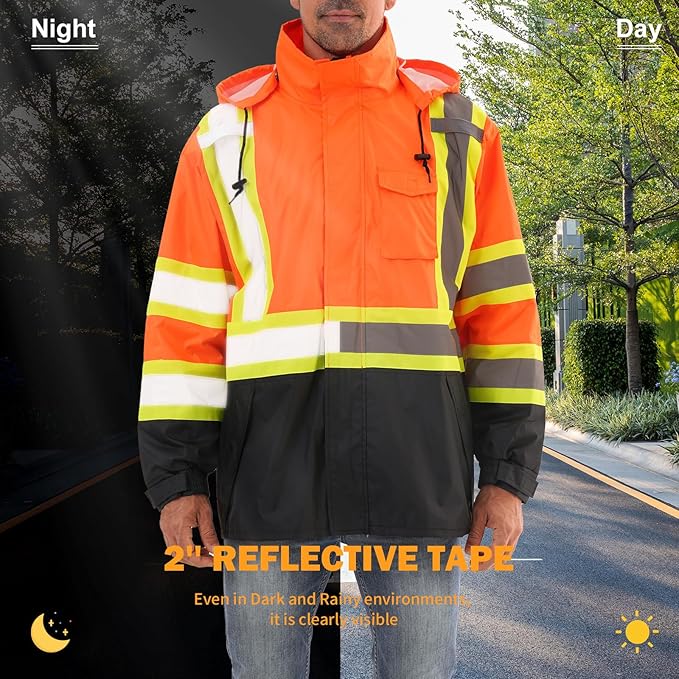 Reflective Rain jackets for men waterproof,Hi Vis Safety Coat With Reflective Strips，High Visibility Class 3 Rain jackets With 2 large pockets，Zipper,Orange,4XL/5XL