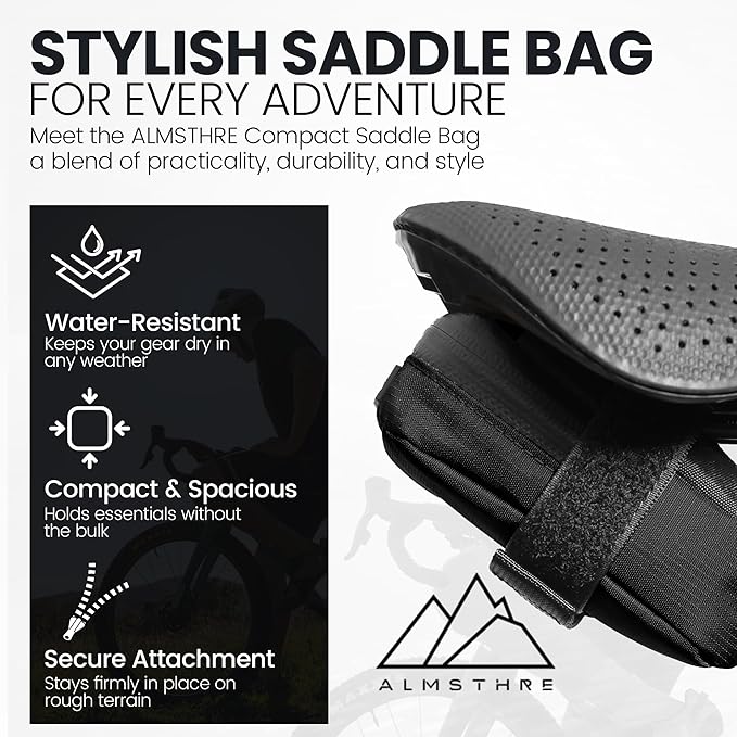 ALMSTHRE Compact Bike Saddle Bag – Midnight Black (Small) | 0.3L Bike Seat Bag (3" x 4.25" x 1.25") | Water-Resistant Ripstop, Waterproof Zipper, Internal Pocket | Durable Under Seat Storage