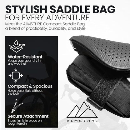 ALMSTHRE Compact Bike Saddle Bag – Midnight Black (Small) | 0.3L Bike Seat Bag (3" x 4.25" x 1.25") | Water-Resistant Ripstop, Waterproof Zipper, Internal Pocket | Durable Under Seat Storage