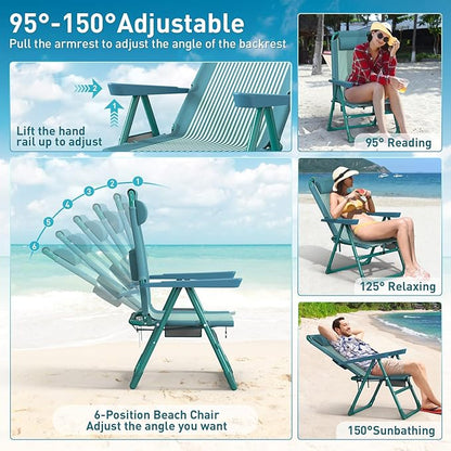 Suteck Backpack Beach Chairs for Adults 2 Pack, 6-Position Folding Reclining Chair with Cooler Bag & Cup Holder, Lightweight Portable Beach Chair for Camping, Outdoor, Sand, Travel Use