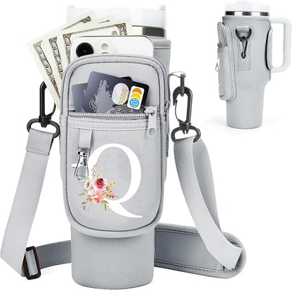 Initial Water Bottle Holder with Strap for Stanley 40 oz Tumbler/Simple Modern 40 oz Tumbler,Water Bottle Carrier Bag with Strap,Personalized A-Z Phone Pocket for Stanley Cup Accessories
