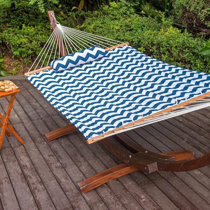 Lazy Daze Hammocks 12FT Quilted Fabric Double Hammock with Spreader Bars and Detachable Pillow, 2 Person Hammock for Outdoor Patio Backyard Poolside, 450 LBS Weight Capacity, Blue Chevron Stripe