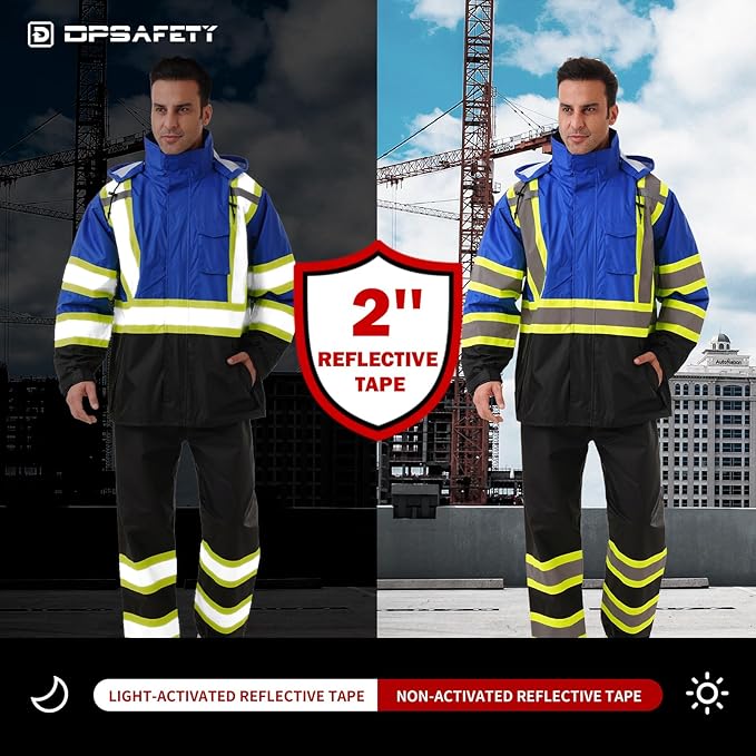 Hi Vis Safety rain Jacket，Reflective Class 3 Rain coat with Inner Mesh Lining and Pockets High Visibility Waterproof work Rain Suits for men&women（Blue,LG/XL）