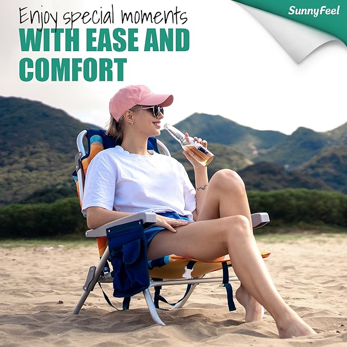 SUNNYFEEL Low Beach Chairs for Adults 5 Position Lay Flat, Portable Folding Backpack Beach Chair Heavy Duty with Cooler Bag, Cup Holder for Outdoor/Lawn/Picnic/Sand, Foldable Camping Chair