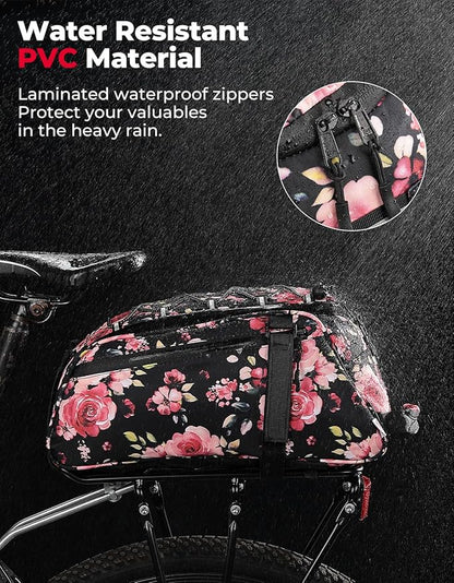 KEMIMOTO Rear Bike Rack Bag, 13L Water-resistant Trunk Bags 3-IN-1, Zippered Bicycle Backpack Shoulder Pannier Saddle Pack for Ebikes Cycling Commuting Travel Outdoor Camping, Pink