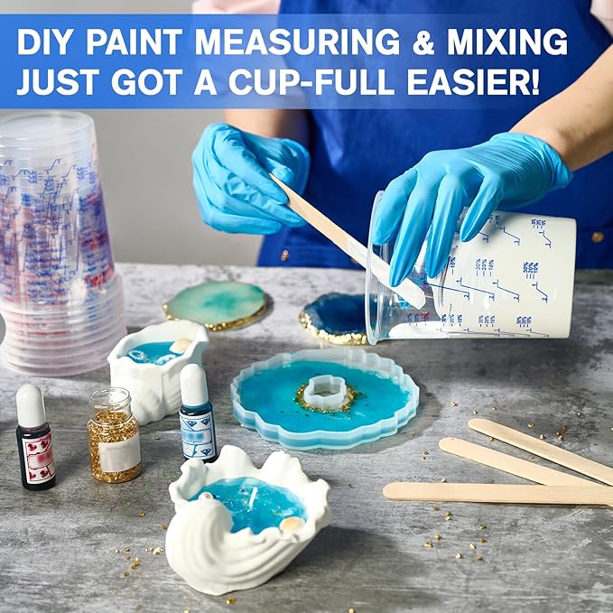 50 Pack Plastic Mixing Cups, 20 oz (600ml), Disposable Measuring Cups with 50 Wooden Mixing Sticks, Measurement ratios: 2:1, 3:1, 4:1, Suitable for Epoxy Resin, Liquid Measuring, and Paint