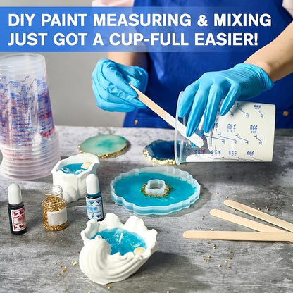 50 Pack Plastic Mixing Cups, 20 oz (600ml), Disposable Measuring Cups with 50 Wooden Mixing Sticks, Measurement ratios: 2:1, 3:1, 4:1, Suitable for Epoxy Resin, Liquid Measuring, and Paint