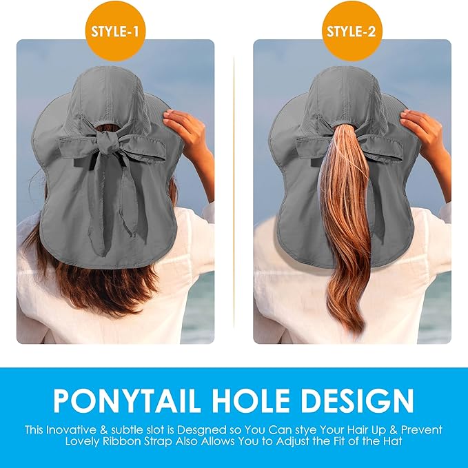 Womens Sun Hat UV Protection, Foldable Waterproof Wide Brim Bucket Hats with Neck Flap for Summer Beach Fishing Hiking