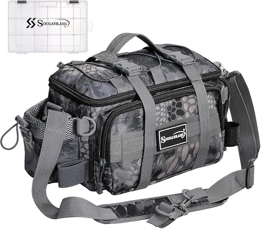 Sougayilang Fishing Tackle Bags with 3600 Tackle Tray - Fishing Tackle Storage Bags for Saltwater or Freshwater Fishing Gear - Padded Shoulder Strap - Tackle Box Bag Fishing Bag(Grey)