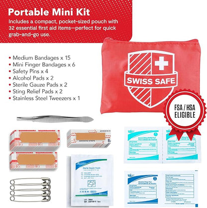 Swiss Safe 2-in-1 First Aid Kit for Car, Travel & Home, Businesses - Bonus Mini Kit for Medical Emergency Aid, Survival, Camping - FSA & HSA Eligible - 348 Pcs, Large Hardcase FAK