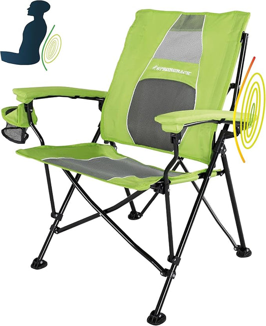 STRONGBACK Elite Folding Camping Lawn Lounge Chair Heavy Duty Camp Outdoor Seat with Lumbar Support and Portable Carry Bag - Lime/Grey