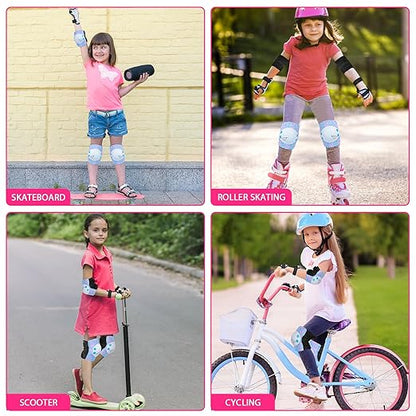 Knee Pads for Kids Girls Protective Gear Set Adjustable Knee Pads and Elbow Pads Set with Wrist Guard for Girls Kids Toddler Roller Skates Bike Cycling Skateboard Scooter (Blue&White Mermaid)