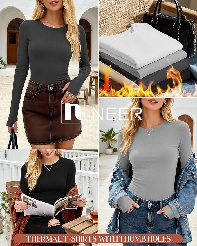 Neer 4 Pack Women's Fleece Thermal Long Sleeve Shirts, Thumb Holes Crew Neck Slim Fit Tops Warm Workout Basic Undershirt