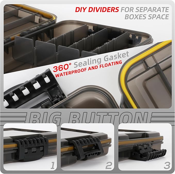 RUNCL Fishing Tackle Box, Unique Sun Protection Waterproof 3600 3700 Tray, Thicker Floating Airtight Stowaway with Adjustable Dividers for Freshwater Saltwater, Plastic Storage Box 1/2Pack