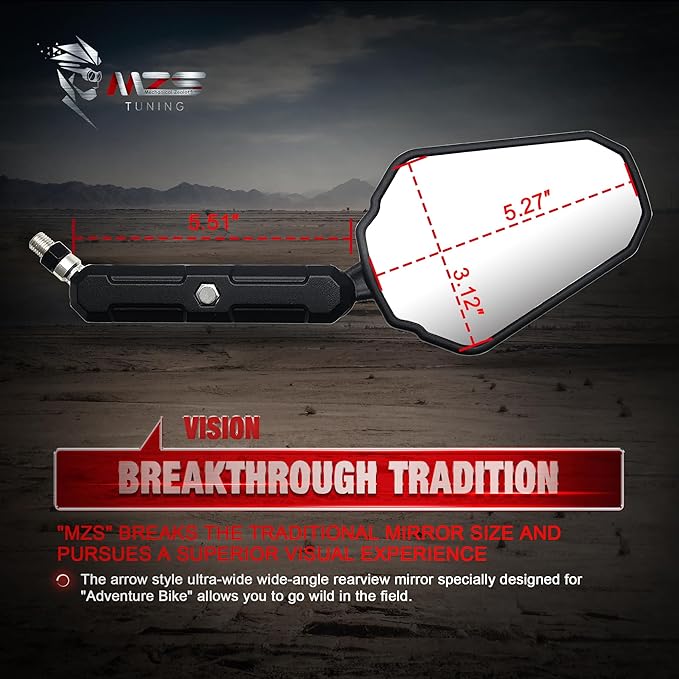 MZS Adventure Motorcycle Mirrors, 10mm 8mm Foldable Motorbike Rear View Handlebar Side Mirror with Aluminum Mount Black Fit for Street Dirt Electric Bike Ebike Scooter ATV Quad