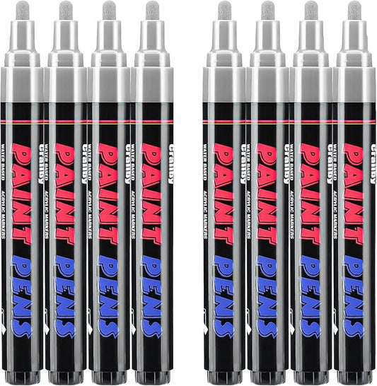 Silver Paint Pens Paint Markers - 8 Pack Permanent Quick Dry Waterproof Marker Pens for Rocks Wood Fabric Plastic Canvas Glass Mugs Metal Tire Stone