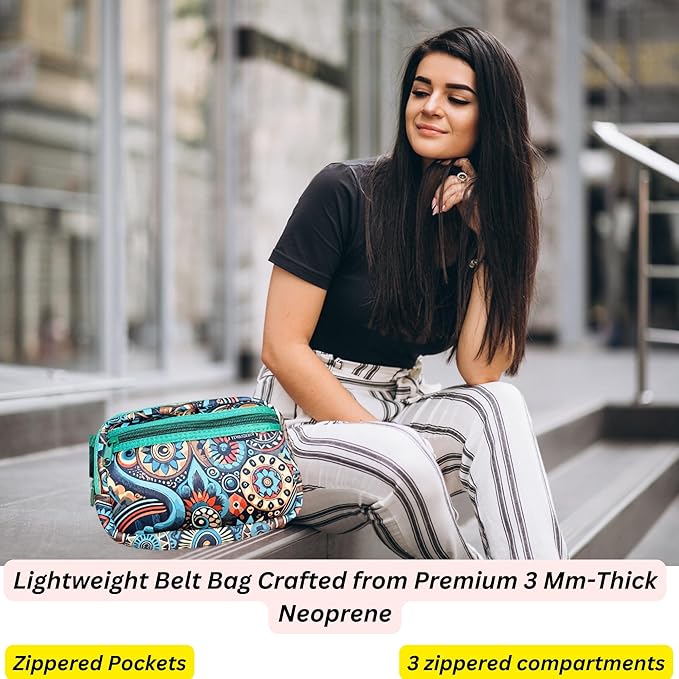 Yewande&co Neoprene Fanny Pack Belt Bag – Lightweight Waterproof Waist Bag with Adjustable Strap, 3 Zippered Pockets, Crossbody Belt Bag for Travel, African Design Crossbody Bags (Campfire)