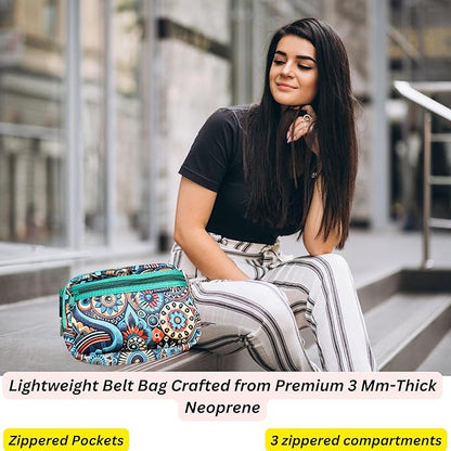 Yewande&co Neoprene Fanny Pack Belt Bag – Lightweight Waterproof Waist Bag with Adjustable Strap, 3 Zippered Pockets, Crossbody Belt Bag for Travel, African Design Crossbody Bags (Campfire)